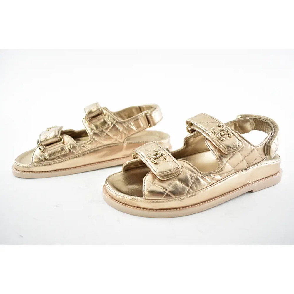Chanel 21C Bronze Quilted Chain CC Logo Mule Slide Strap Flat Teva Dad Sandal 37 - Picture 9 of 12